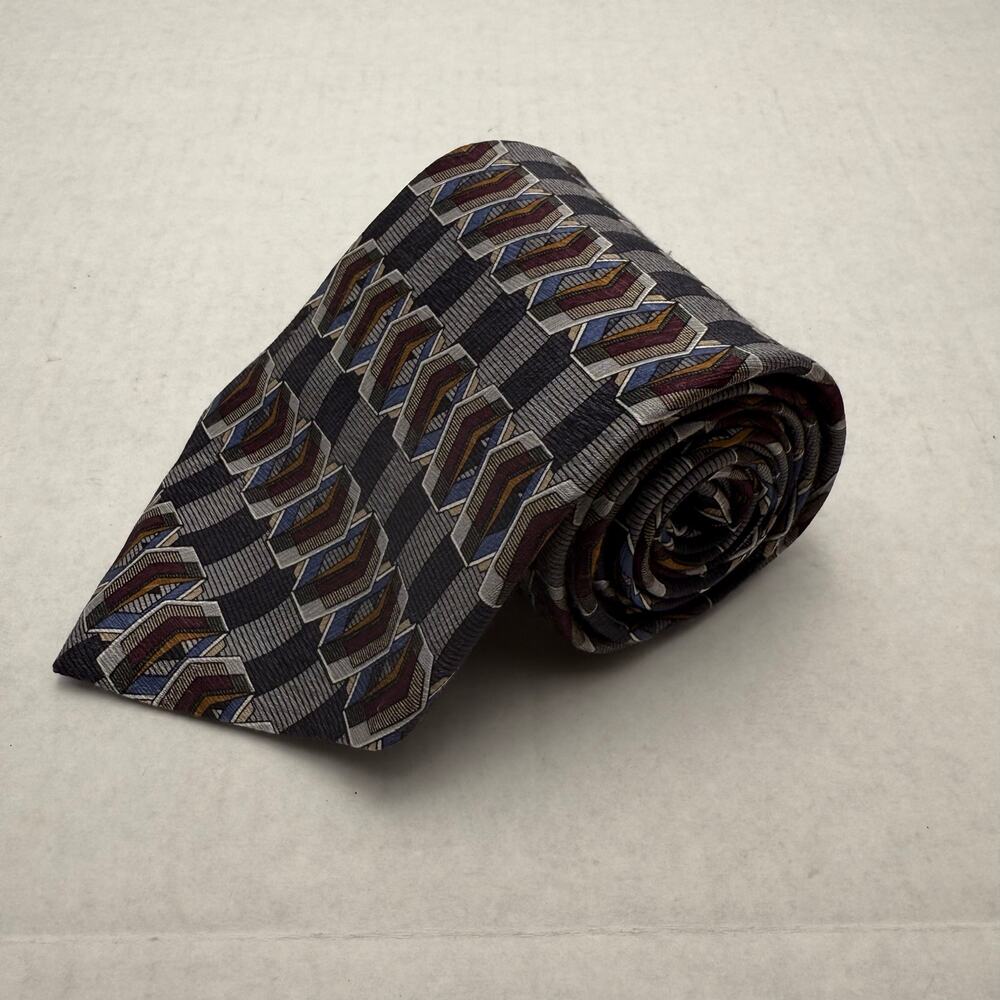 Gray Cubed Oleg Cassini Neck Tie Geometric Striped Silk Black Blue Red Abstract